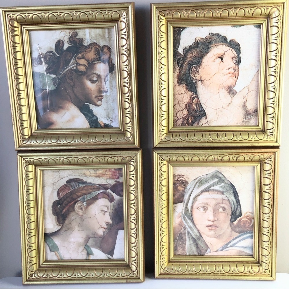 Michael Angelo Vintage Sistine Chapel 4 pc set of prints gold wood frames